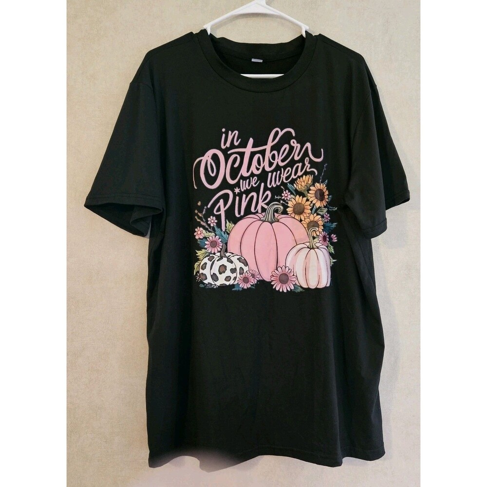 In October We Wear Pink Graphic Tee XL Black Pumpkin Breast Cancer Awareness...